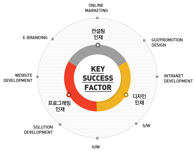 KEy SUCCESS FACTOR 에는 컨설팅 인재와 프로그래밍 인재, 디자인 인재가 있고 그 밖에는 online marketing, gui/promotion, intranet development, s/w, h/w, solution development, website development, e-branding 이 있다.